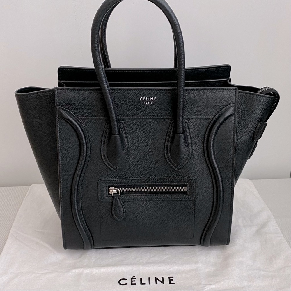 CELINE Mini Phantom Luggage Handbag Tote in BLACK Drummed Calfskin